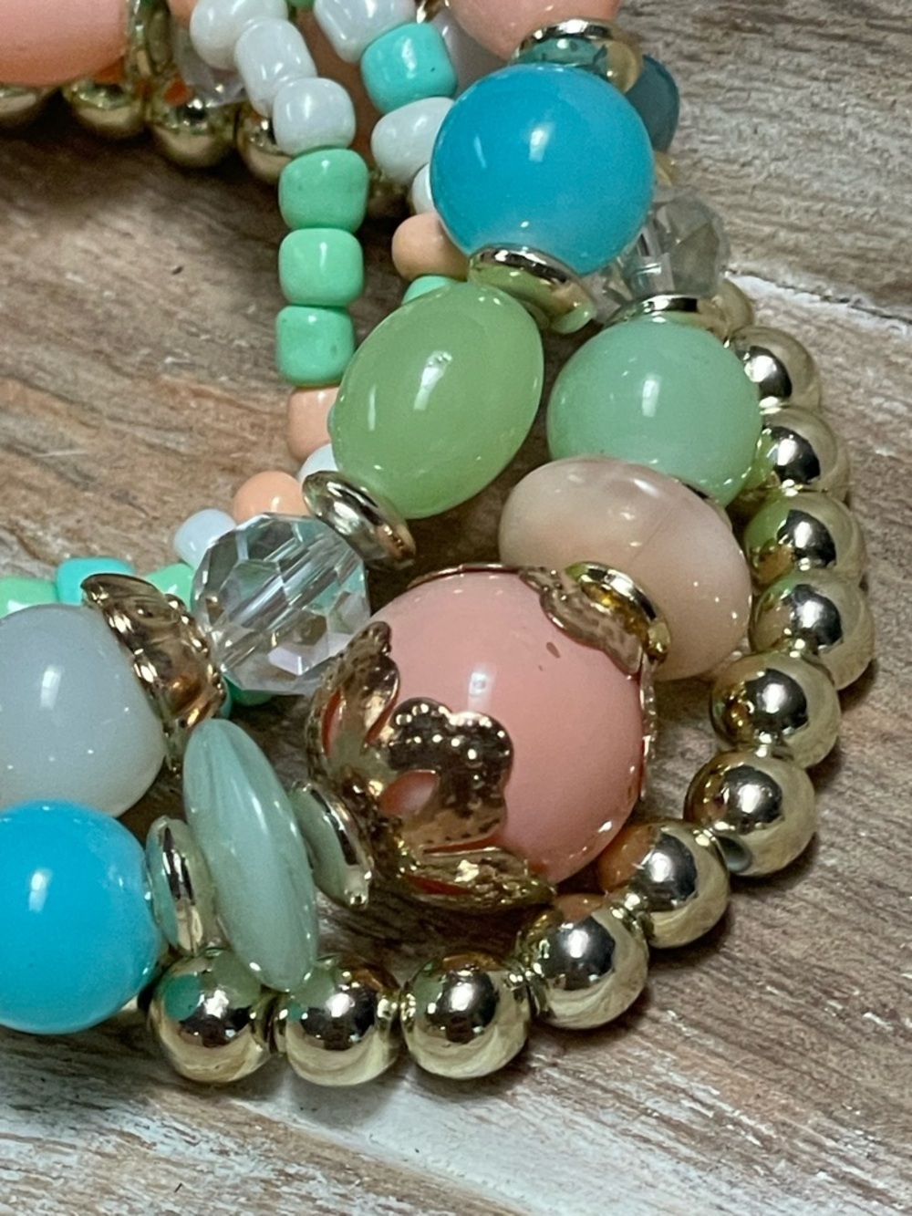 Pastel, Turquoise, Aqua, Green, Pink & Gold Multi-Strand Stretch Bracelet - Picture 6 of 6